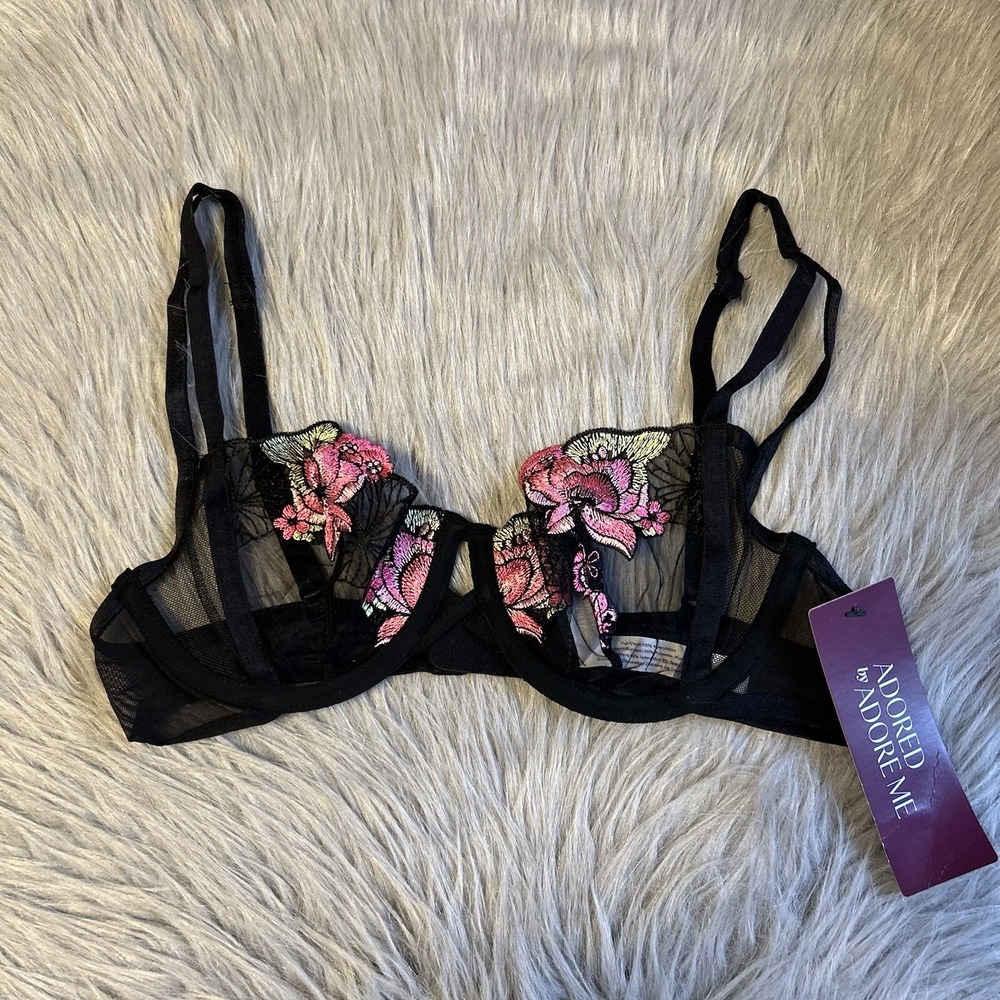 Adored‎ By Adore Me Bra Women Size 32C Black Pink Floral Sheer Unlined Underwire